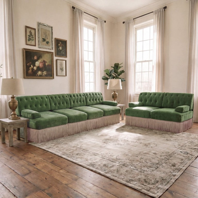 English Elm Green Velvet Chesterfield Sofa Set Tufted Button Design with Tassel Skirt Fleece Green 2-Piece (1x2-Seater & 1x4-Seater) W714S02141
