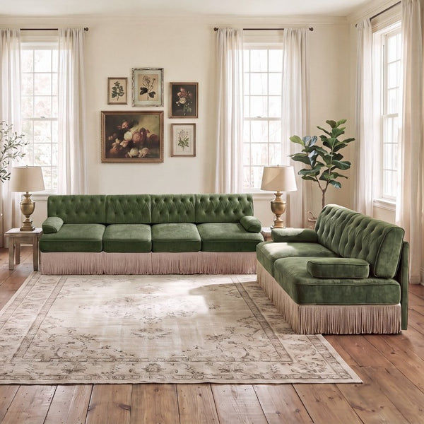 English Elm Green Velvet Chesterfield Sofa Set Tufted Button Design with Tassel Skirt Fleece Green 2-Piece (1x2-Seater & 1x4-Seater) W714S02141