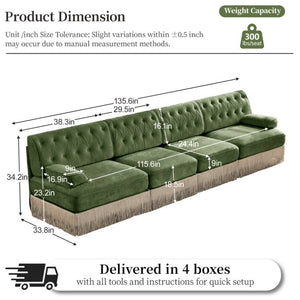 English Elm Green Velvet Chesterfield Sofa Set Tufted Button Design with Tassel Skirt Fleece Green 2-Piece (1x2-Seater & 1x4-Seater) W714S02141