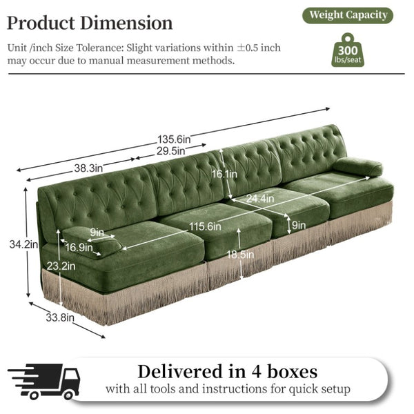 English Elm Green Velvet Chesterfield Sofa Set Tufted Button Design with Tassel Skirt Fleece Green 2-Piece (1x2-Seater & 1x4-Seater) W714S02141