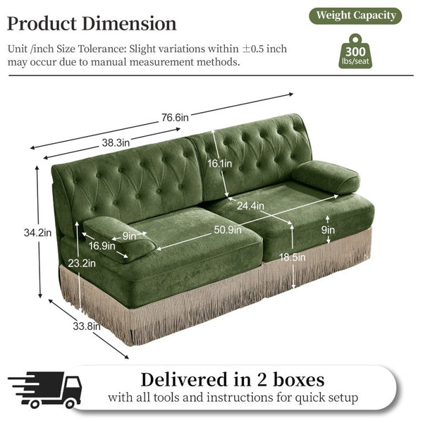 English Elm Green Velvet Chesterfield Sofa Set Tufted Button Design with Tassel Skirt Fleece Green 2-Piece (1x2-Seater & 1x4-Seater) W714S02141