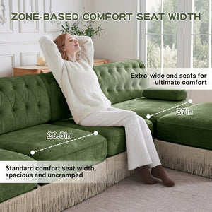 English Elm Green Velvet Chesterfield Sofa Set Tufted Button Design with Tassel Skirt Fleece Green 2-Piece (1x2-Seater & 1x4-Seater) W714S02141
