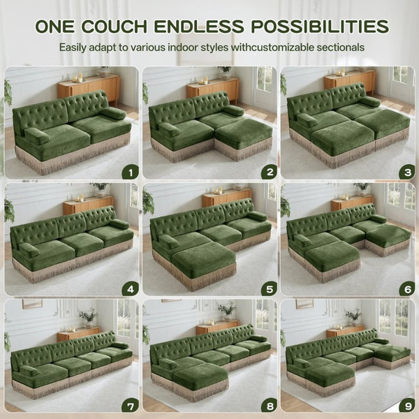 English Elm Green Velvet Chesterfield Sofa Set Tufted Button Design with Tassel Skirt Fleece Green 2-Piece (1x2-Seater & 1x4-Seater) W714S02141