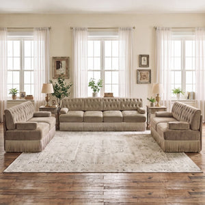 English Elm Green Velvet Chesterfield Sofa Set Tufted Button Design with Tassel Skirt Fleece Camel 3-Piece (2x2-Seater & 1x4-Seater) W714S02142