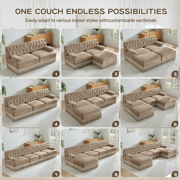 English Elm Green Velvet Chesterfield Sofa Set Tufted Button Design with Tassel Skirt Fleece Camel 3-Piece (2x2-Seater & 1x4-Seater) W714S02142