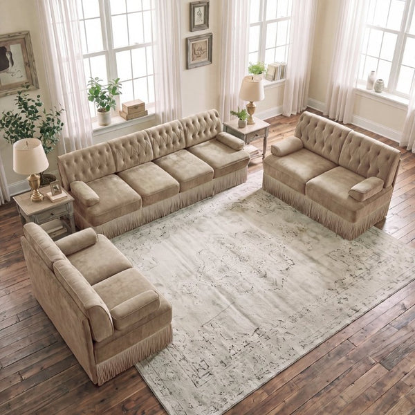 English Elm Green Velvet Chesterfield Sofa Set Tufted Button Design with Tassel Skirt Fleece Camel 3-Piece (2x2-Seater & 1x4-Seater) W714S02142