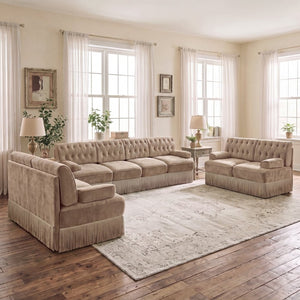 English Elm Green Velvet Chesterfield Sofa Set Tufted Button Design with Tassel Skirt Fleece Camel 3-Piece (2x2-Seater & 1x4-Seater) W714S02142