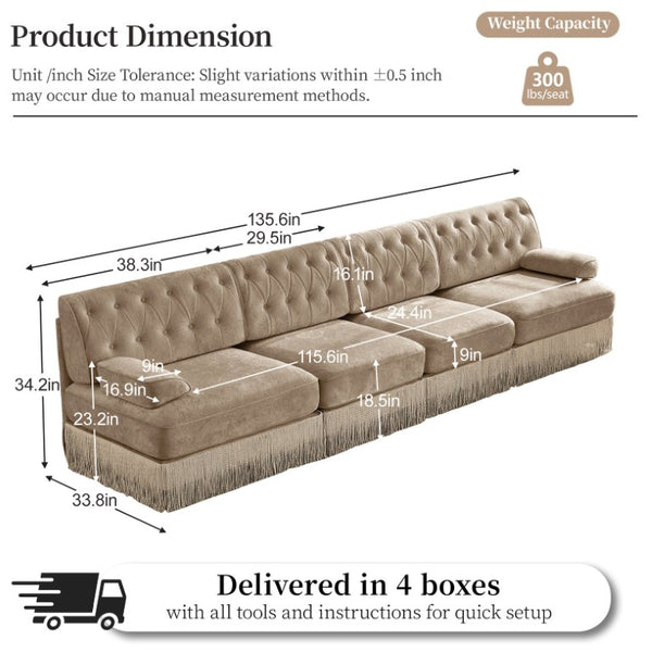 English Elm Green Velvet Chesterfield Sofa Set Tufted Button Design with Tassel Skirt Fleece Camel 3-Piece (2x2-Seater & 1x4-Seater) W714S02142