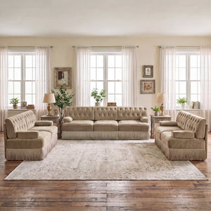 English Elm Green Velvet Chesterfield Sofa Set Tufted Button Design with Tassel Skirt Fleece Camel 3-Piece (2x2-Seater & 1x3-Seater) W714S02143
