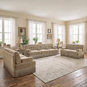 English Elm Green Velvet Chesterfield Sofa Set Tufted Button Design with Tassel Skirt Fleece Camel 3-Piece (2x2-Seater & 1x3-Seater) W714S02143