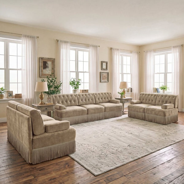 English Elm Green Velvet Chesterfield Sofa Set Tufted Button Design with Tassel Skirt Fleece Camel 3-Piece (2x2-Seater & 1x3-Seater) W714S02143