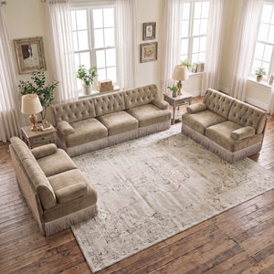English Elm Green Velvet Chesterfield Sofa Set Tufted Button Design with Tassel Skirt Fleece Camel 3-Piece (2x2-Seater & 1x3-Seater) W714S02143