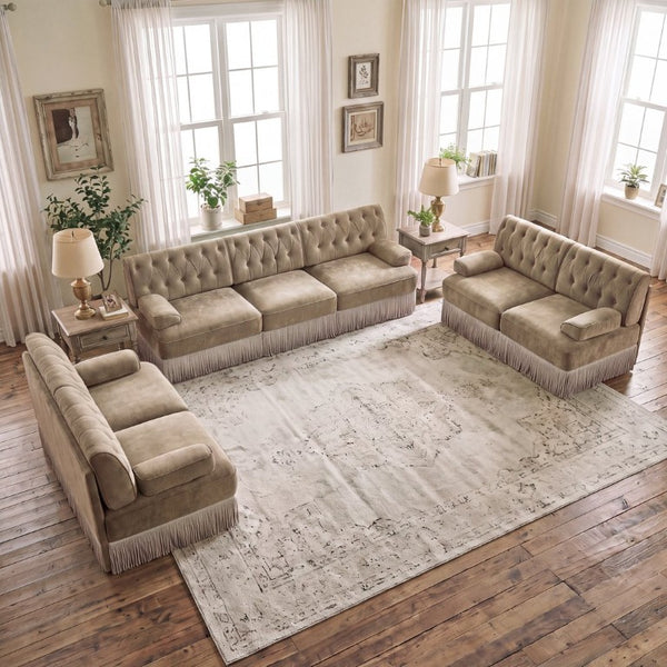 English Elm Green Velvet Chesterfield Sofa Set Tufted Button Design with Tassel Skirt Fleece Camel 3-Piece (2x2-Seater & 1x3-Seater) W714S02143