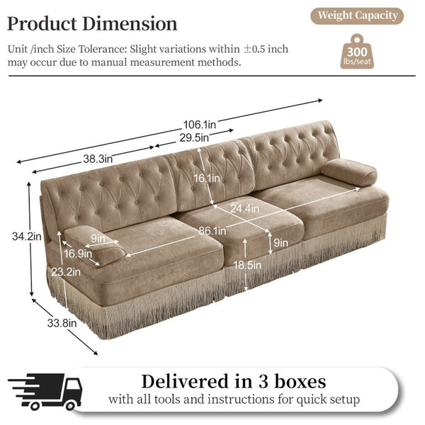 English Elm Green Velvet Chesterfield Sofa Set Tufted Button Design with Tassel Skirt Fleece Camel 3-Piece (2x2-Seater & 1x3-Seater) W714S02143