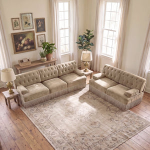 English Elm Green Velvet Chesterfield Sofa Set Tufted Button Design with Tassel Skirt Fleece Camel 2-Piece (1x2-Seater & 1x3-Seater) W714S02144
