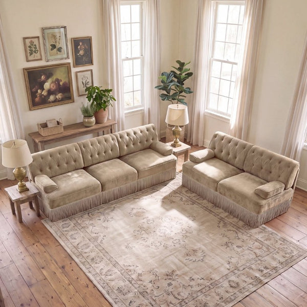English Elm Green Velvet Chesterfield Sofa Set Tufted Button Design with Tassel Skirt Fleece Camel 2-Piece (1x2-Seater & 1x3-Seater) W714S02144