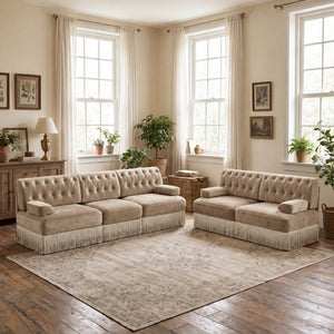 English Elm Green Velvet Chesterfield Sofa Set Tufted Button Design with Tassel Skirt Fleece Camel 2-Piece (1x2-Seater & 1x3-Seater) W714S02144