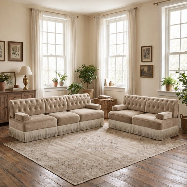 English Elm Green Velvet Chesterfield Sofa Set Tufted Button Design with Tassel Skirt Fleece Camel 2-Piece (1x2-Seater & 1x3-Seater) W714S02144