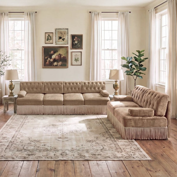 English Elm Camel Velvet Chesterfield Sofa Set Tufted Button Design with Tassel Skirt Luxe Living Camel 1Pc 2-Seater & 1Pc 4-Seater W714S02145