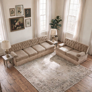English Elm Camel Velvet Chesterfield Sofa Set Tufted Button Design with Tassel Skirt Luxe Living Camel 1Pc 2-Seater & 1Pc 4-Seater W714S02145