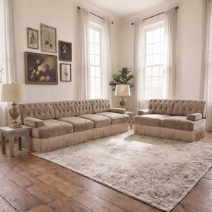 English Elm Camel Velvet Chesterfield Sofa Set Tufted Button Design with Tassel Skirt Luxe Living Camel 1Pc 2-Seater & 1Pc 4-Seater W714S02145