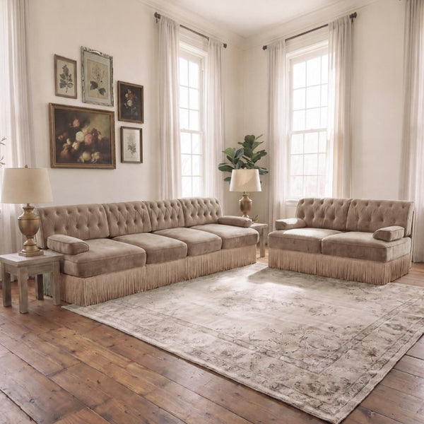 English Elm Camel Velvet Chesterfield Sofa Set Tufted Button Design with Tassel Skirt Luxe Living Camel 1Pc 2-Seater & 1Pc 4-Seater W714S02145