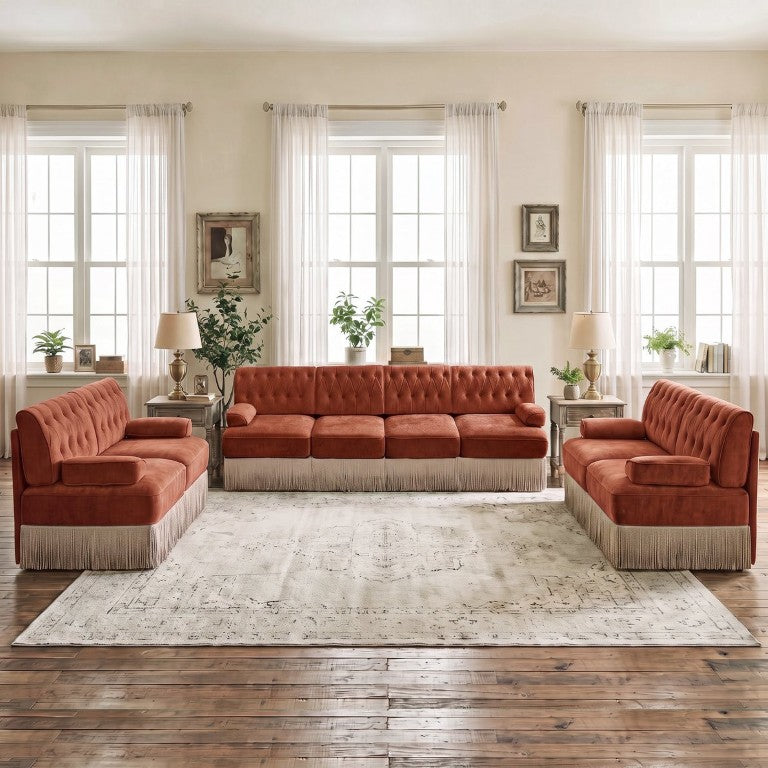 English Elm Camel Velvet Chesterfield Sofa Set Tufted Button Design with Tassel Skirt Luxe Living Red+Brown 2Pcs 2-Seater & 1Pc 4-Seater W714S02146