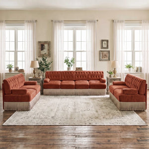English Elm Camel Velvet Chesterfield Sofa Set Tufted Button Design with Tassel Skirt Luxe Living Red+Brown 2Pcs 2-Seater & 1Pc 4-Seater W714S02146