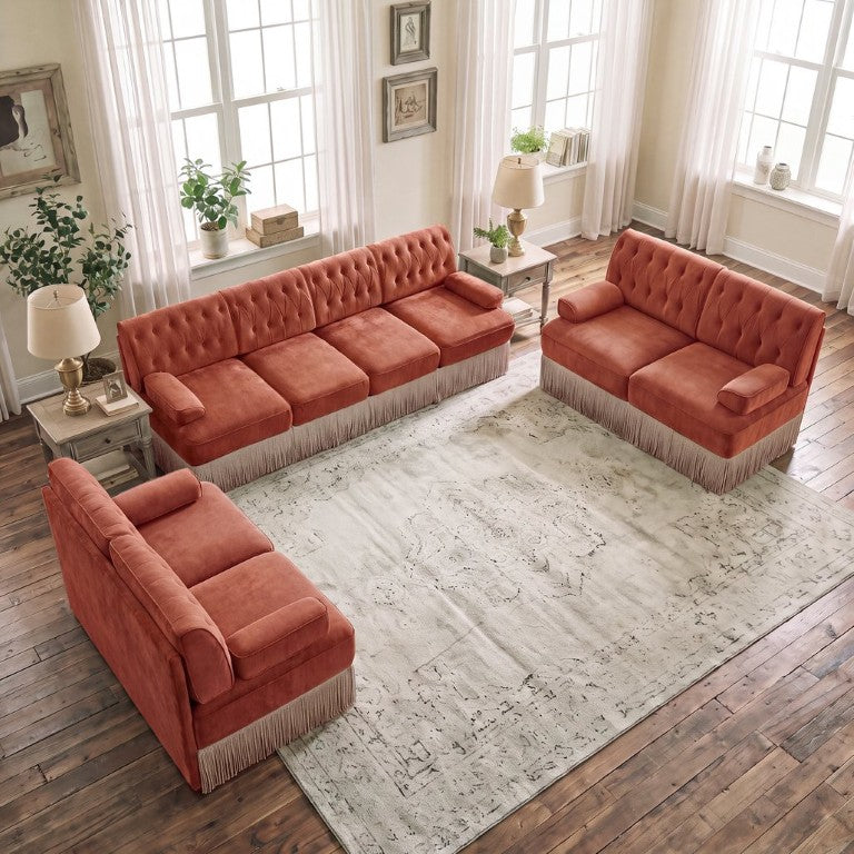 English Elm Camel Velvet Chesterfield Sofa Set Tufted Button Design with Tassel Skirt Luxe Living Red+Brown 2Pcs 2-Seater & 1Pc 4-Seater W714S02146