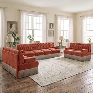 English Elm Camel Velvet Chesterfield Sofa Set Tufted Button Design with Tassel Skirt Luxe Living Red+Brown 2Pcs 2-Seater & 1Pc 4-Seater W714S02146