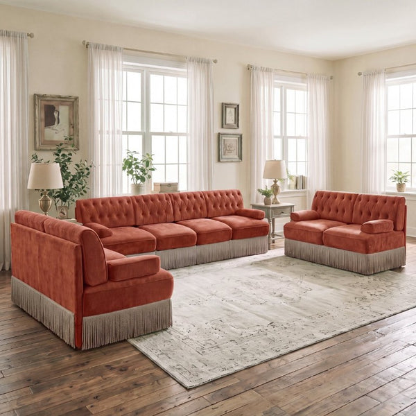 English Elm Camel Velvet Chesterfield Sofa Set Tufted Button Design with Tassel Skirt Luxe Living Red+Brown 2Pcs 2-Seater & 1Pc 4-Seater W714S02146