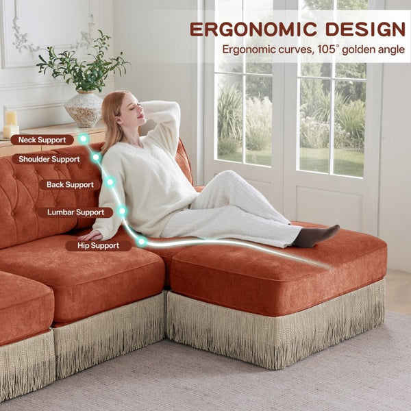 English Elm Camel Velvet Chesterfield Sofa Set Tufted Button Design with Tassel Skirt Luxe Living Red+Brown 2Pcs 2-Seater & 1Pc 3-Seater W714S02147