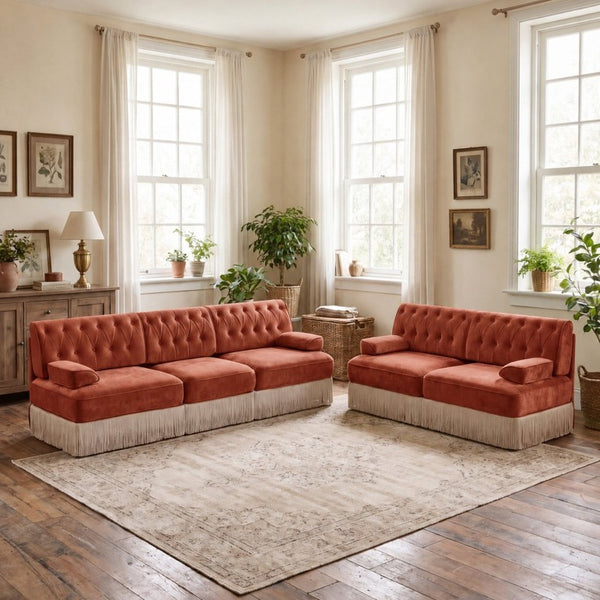 English Elm Camel Velvet Chesterfield Sofa Set Tufted Button Design with Tassel Skirt Luxe Living Red+Brown 1Pc 2-Seater & 1Pc 3-Seater W714S02148