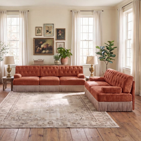 English Elm Camel Velvet Chesterfield Sofa Set Tufted Button Design with Tassel Skirt Luxe Living Red+Brown 1Pc 2-Seater & 1Pc 3-Seater W714S02148