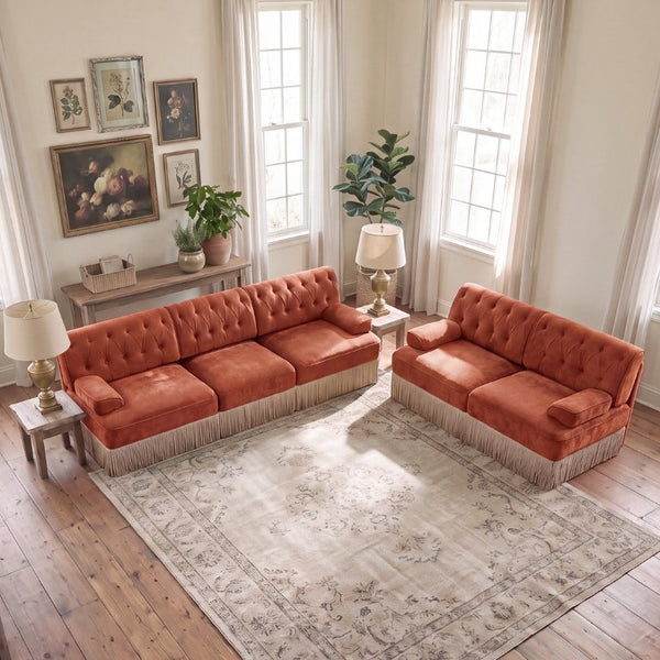 English Elm Camel Velvet Chesterfield Sofa Set Tufted Button Design with Tassel Skirt Luxe Living Red+Brown 1Pc 2-Seater & 1Pc 3-Seater W714S02148