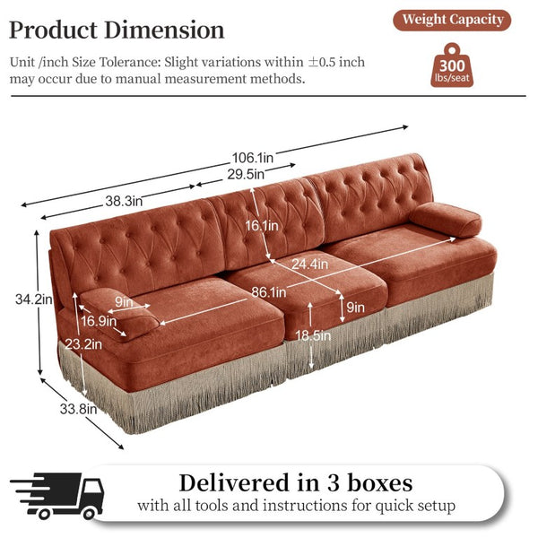 English Elm Camel Velvet Chesterfield Sofa Set Tufted Button Design with Tassel Skirt Luxe Living Red+Brown 1Pc 2-Seater & 1Pc 3-Seater W714S02148