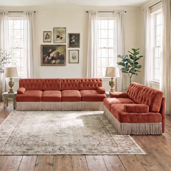 English Elm Modern Tufted Chenille Four Seat Sofa with Solid Wood Frame for Living Rooms Red+Brown 2-Piece Set (2-Seater & 4-Seater) W714S02149