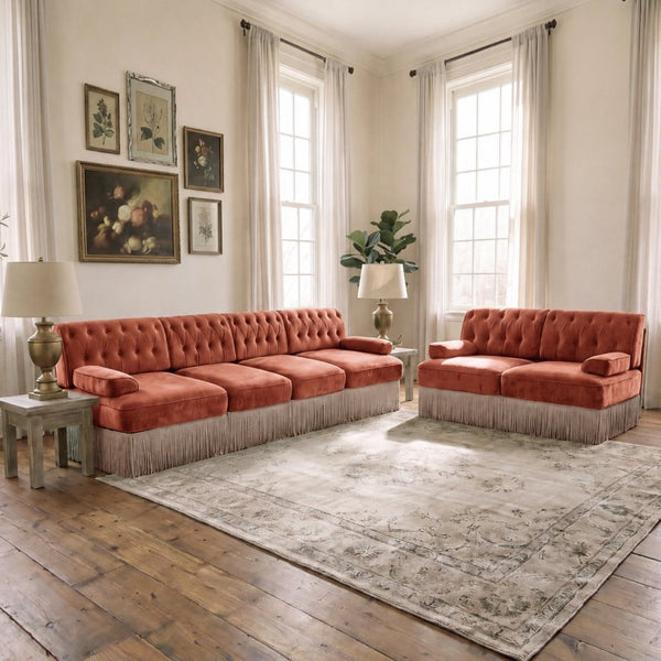 English Elm Modern Tufted Chenille Four Seat Sofa with Solid Wood Frame for Living Rooms Red+Brown 2-Piece Set (2-Seater & 4-Seater) W714S02149