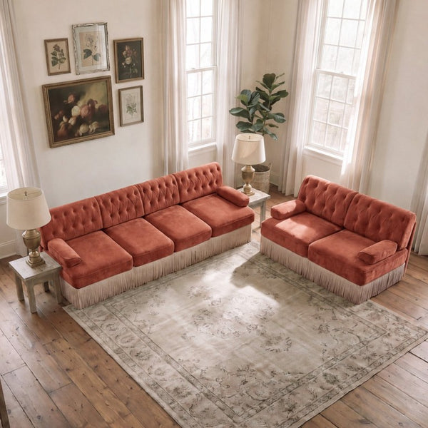 English Elm Modern Tufted Chenille Four Seat Sofa with Solid Wood Frame for Living Rooms Red+Brown 2-Piece Set (2-Seater & 4-Seater) W714S02149
