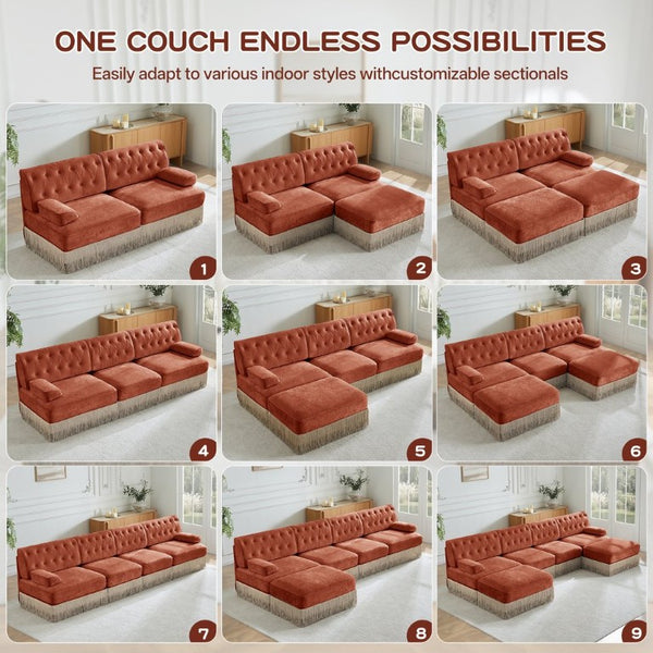 English Elm Modern Tufted Chenille Four Seat Sofa with Solid Wood Frame for Living Rooms Red+Brown 2-Piece Set (2-Seater & 4-Seater) W714S02149