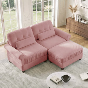 English Elm Chenille Tufted Compact Sectional with Ottoman Lumbar Pillows Rolled Arms Apartment Seating Pink Loveseat Sectional with Ottoman W714S02150