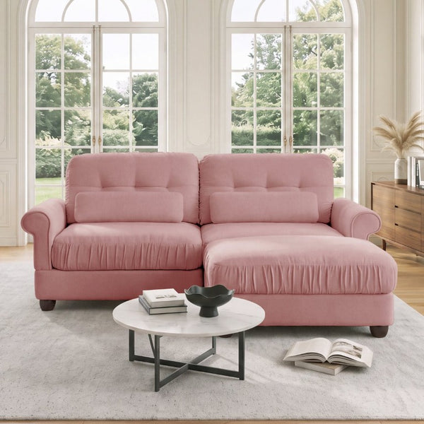 English Elm Chenille Tufted Compact Sectional with Ottoman Lumbar Pillows Rolled Arms Apartment Seating Pink Loveseat Sectional with Ottoman W714S02150