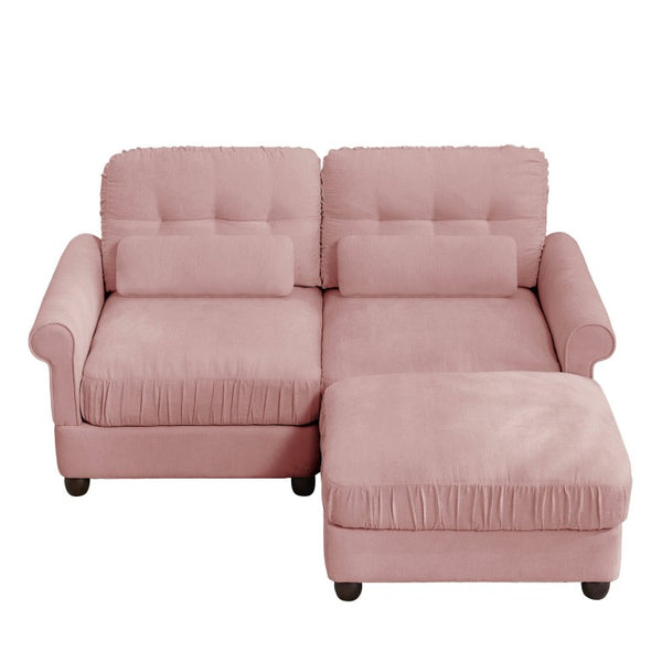English Elm Chenille Tufted Compact Sectional with Ottoman Lumbar Pillows Rolled Arms Apartment Seating Pink Loveseat Sectional with Ottoman W714S02150