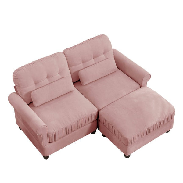 English Elm Chenille Tufted Compact Sectional with Ottoman Lumbar Pillows Rolled Arms Apartment Seating Pink Loveseat Sectional with Ottoman W714S02150