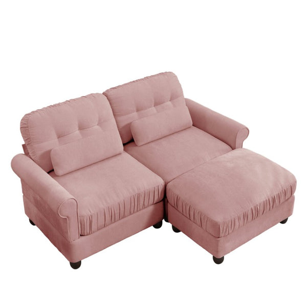 English Elm Chenille Tufted Compact Sectional with Ottoman Lumbar Pillows Rolled Arms Apartment Seating Pink Loveseat Sectional with Ottoman W714S02150