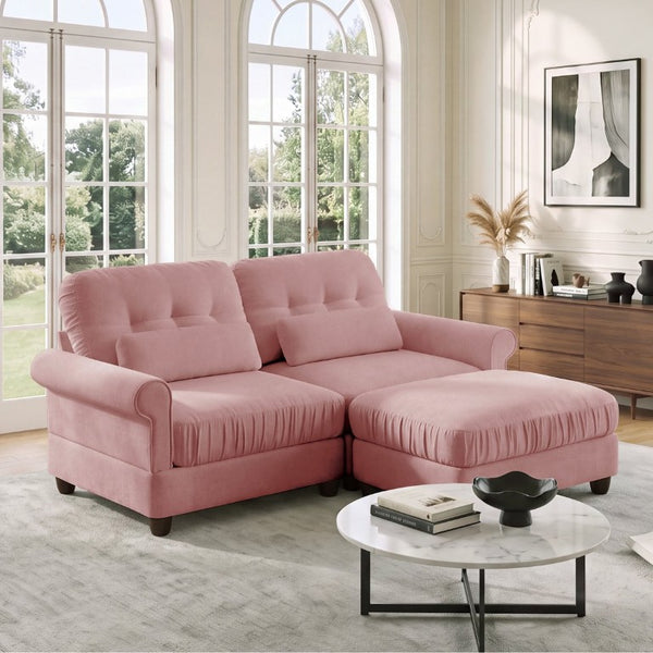English Elm Chenille Tufted Compact Sectional with Ottoman Lumbar Pillows Rolled Arms Apartment Seating Pink Loveseat Sectional with Ottoman W714S02150