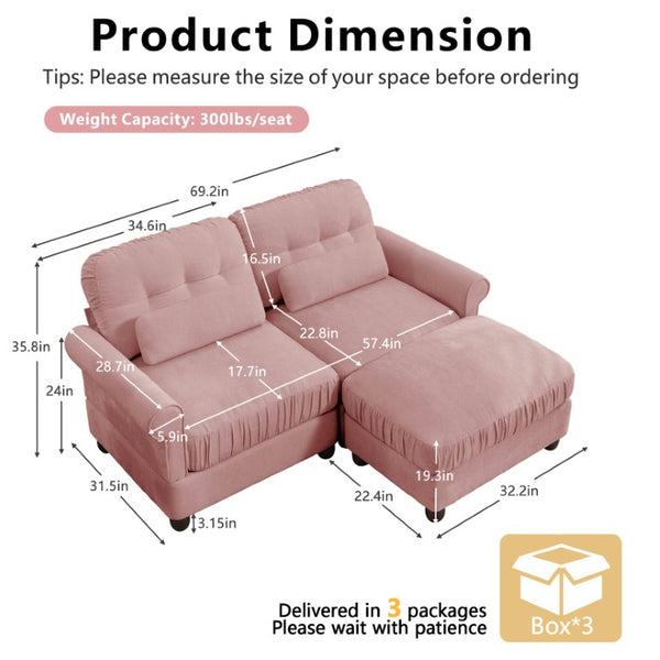 English Elm Chenille Tufted Compact Sectional with Ottoman Lumbar Pillows Rolled Arms Apartment Seating Pink Loveseat Sectional with Ottoman W714S02150