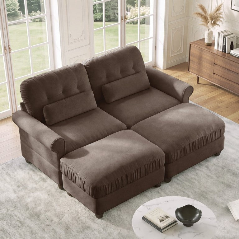 English Elm Chenille Modular Sectional Loveseat with Button Tufted Back Rolled Arms and Two Ottomans W714S02151