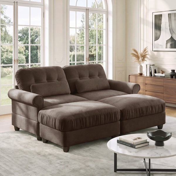 English Elm Chenille Modular Sectional Loveseat with Button Tufted Back Rolled Arms and Two Ottomans W714S02151