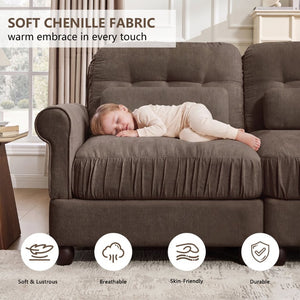 English Elm Chenille Modular Sectional Loveseat with Button Tufted Back Rolled Arms and Two Ottomans W714S02151